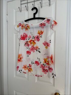 LOFT White Floral Cap-Sleeve Blouse with Pink & Orange Blooms